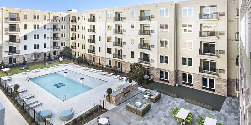 Aerial view of the pool and outdoor lounge at the Residences at Bentwood in Plymouth Meeting